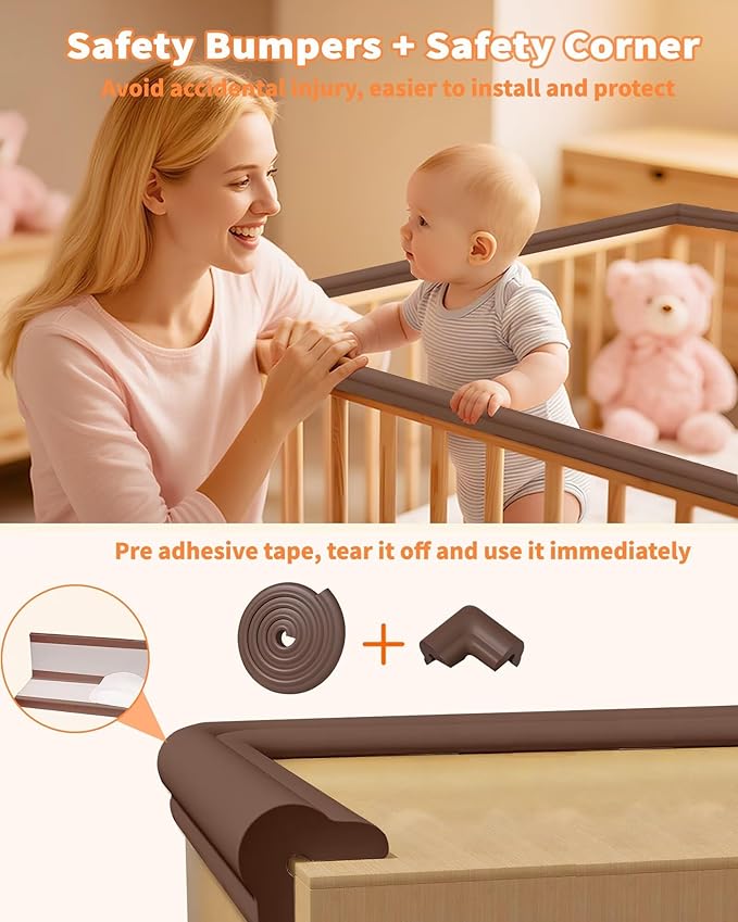 Edge Protector for Baby Proofing, 6.6FT 0.67’’Th L-Shape Air Buffering Soft NBR Rubber Foam Furniture Edge Bumper Guards with 6 Corners, Pre-Taped, Thick Table Bumper Guard for Babies (Coffee)