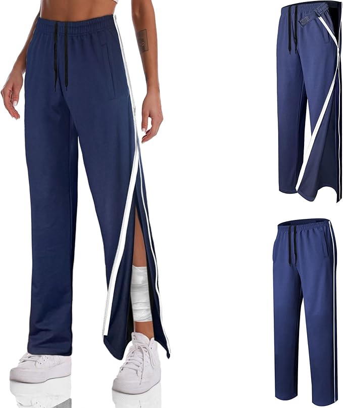 Unisex Tearaway Pants with 2 Side Zippers Snaps for Post Surgery Men Cotton Rip Off Breakaway Pant for Hip Replacement