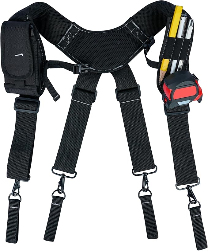 KUNN Tool Belt Suspenders Padded Construction Belt Harness with Gel Shoulder Strap Detachable Phone Holder,4 Tool Belt Loops