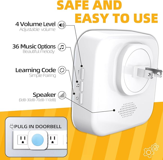 Wireless Doorbell 1200 Feet Waterproof Doorbells for Home with 36 Melodies 4 Volume levels, Flash Led Light (1 Receiver&1 Touch Button White)