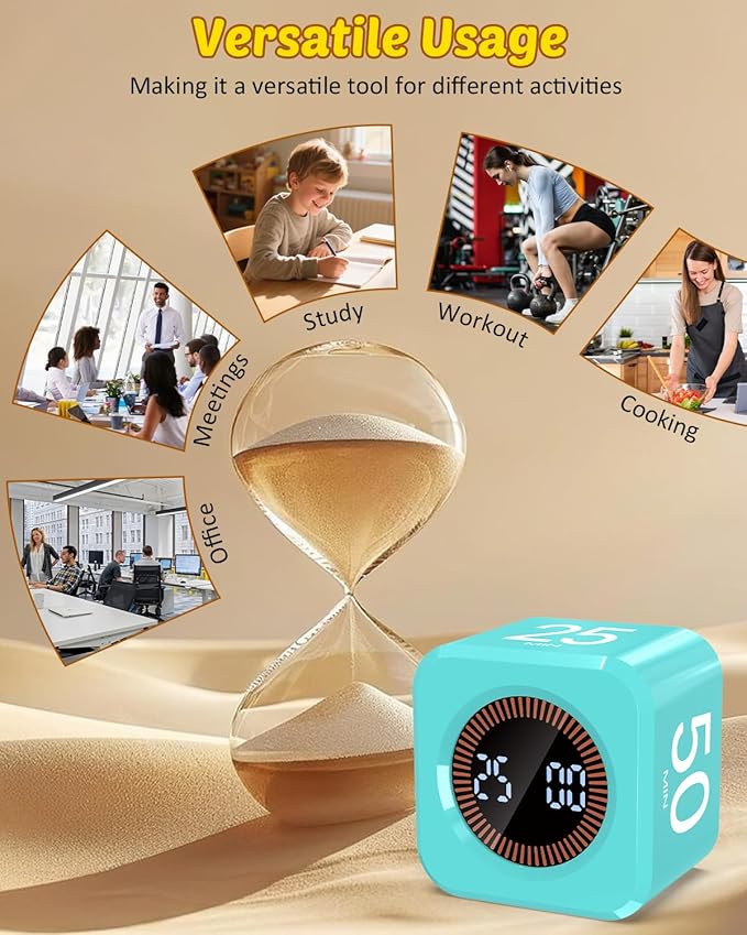 Pomodoro Timer Cube Visual Productivity Flip Timer for Kids Classroom Desk, 5/10/25/50min&Custom Countdown, Silent&Sound Mode Digital Cube for ADHD Study Work School Game Kitchen (Mint Green)