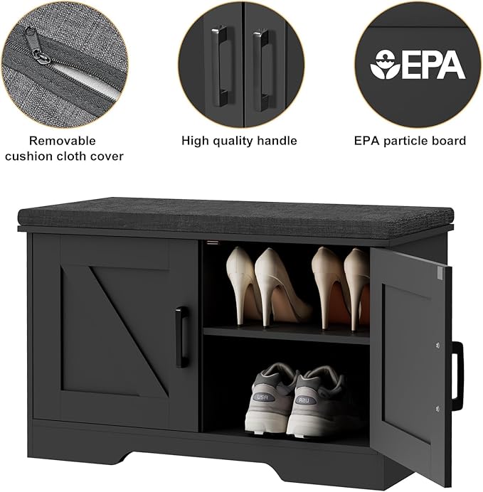 2-Tier Storage Bench, 27.6" Wide Shoe Bench with Padded Seat Cushion, Entryway Bench with 2 Barn Doors and Adjustable Shelf, Black