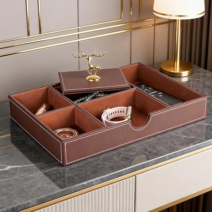 Jewelry Trays Nightstand Organizer, Valet Tray for Men and Women, Tray Organizer,Can hold Mobile phones, watches, cosmetics, keys. Dark Brown Faux Leather, 5 Compartment