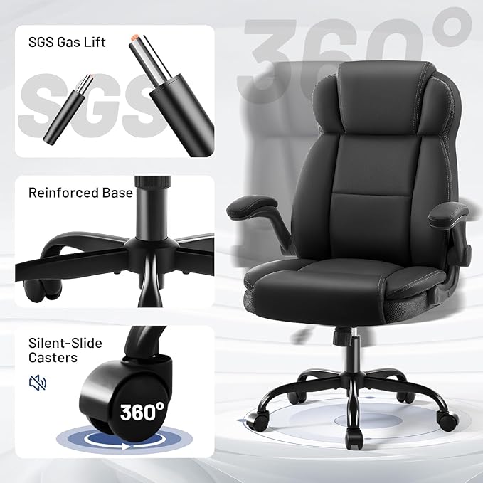 Ergonomic Office Chair with High Back Headrest, PU Leather Executive Desk Chair - Padded Flip-Up Armrests, Lumbar Support, Swivel Computer Chair for Home Office & Gaming, Black