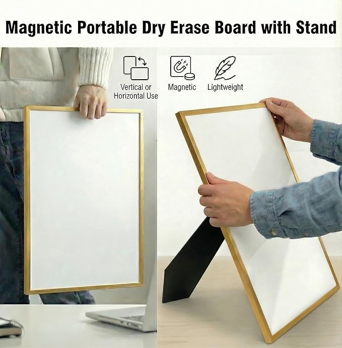 Small Whiteboard 12 x 16 Inch Magnetic Dry Erase Board with Stand & Wall Mount | Gold Aluminum Frame | Desktop Board for Home, Office, Reception, Events | 2 Markers, Eraser & 2 Magnets