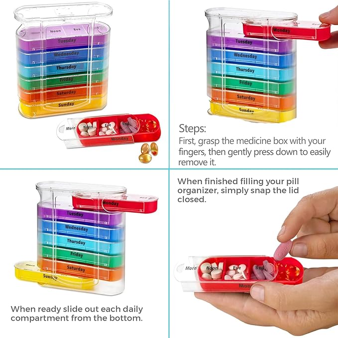 ABSOK Weekly Stackable Pill Organizer,4 Times A Day Pill Organizer Box Morning, Noon, Evening, and Bedtime,7 Stackable Compartments