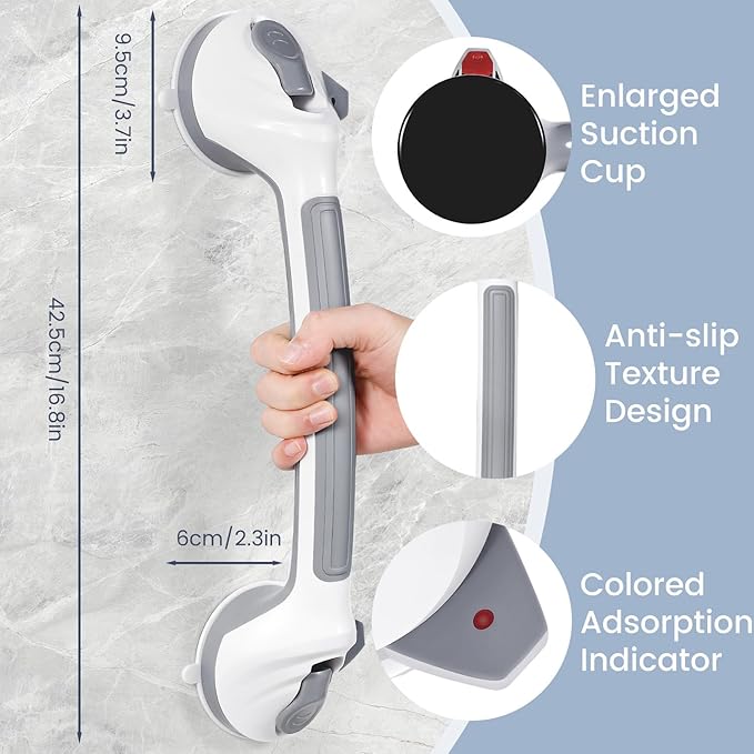 Grab Bars for Bathtubs and Showers, 16.5 Inch Handicap Shower Handle Safety with Indicators, Suction Cup Grab Bar for Shower Chair Stool, Seniors, Elderly (2 Pack)