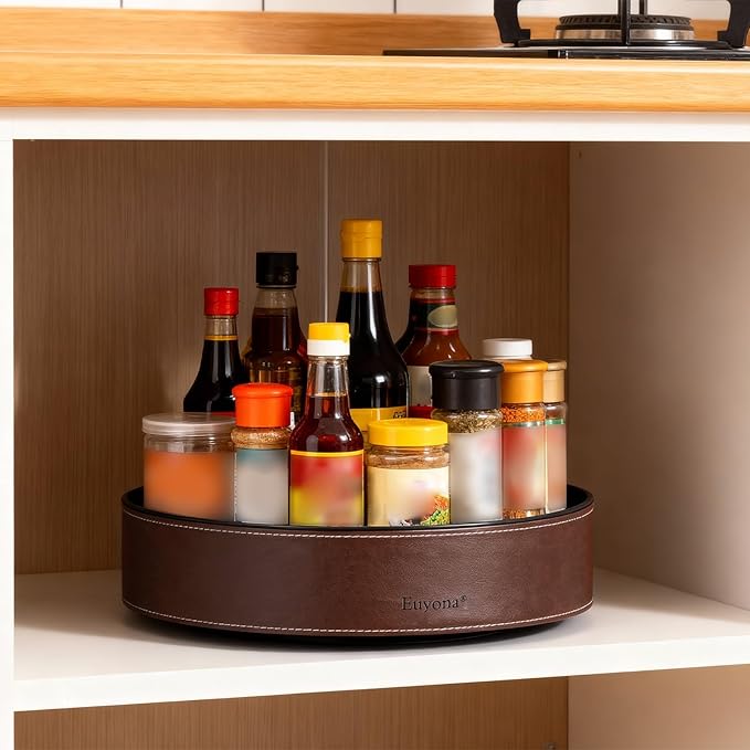 11.4 Inch Lazy Susan Turntable Organizer - 6 Removable Compartments with Phone Holder, 360° Rotating for Cabinet/Counter/Table. Spacious Storage for Food, Spices, Cosmetics & More.(Brown)