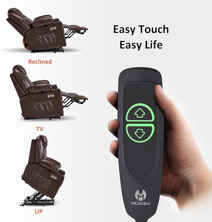 MCombo Power Lift Recliner Chair for Elderly, Lift Chair with Heat and Massage, FSC Certified, USB Ports, Cup Holders, Faux Leather 7141 (Dark Brown, Small)