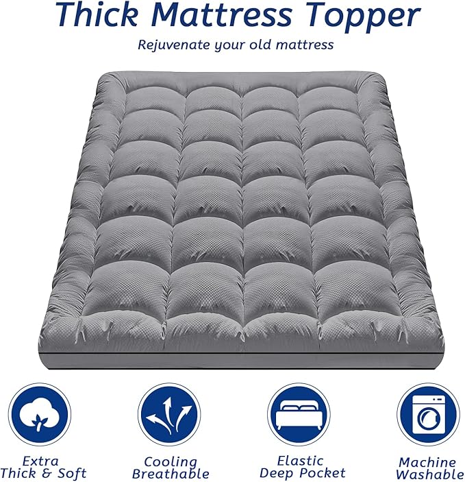 MATBEBY Extra Thick Twin Mattress Topper, 39"x75", Dark Grey, Breathable, Quilted Fitted, Deep Pocket, Machine Washable