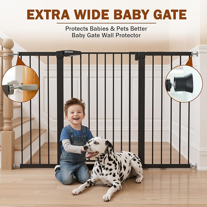 Mumeasy 29.7-57" Extra Wide Baby Gate, Auto Close Large Dog Gate for Doorways, No Drilling Pressure Mounted Pet Safety Gate for Stairs, Easy Walk Through Child Gate for Hallways, House, Indoor, Black