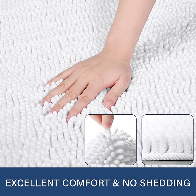 LOCHAS Luxury Bathroom Rug Shaggy Bath Mat 24 x 44 Inch, Washable Non Slip Bath Rugs for Bathroom Shower, Soft Plush Chenille Absorbent Carpets Mats, White