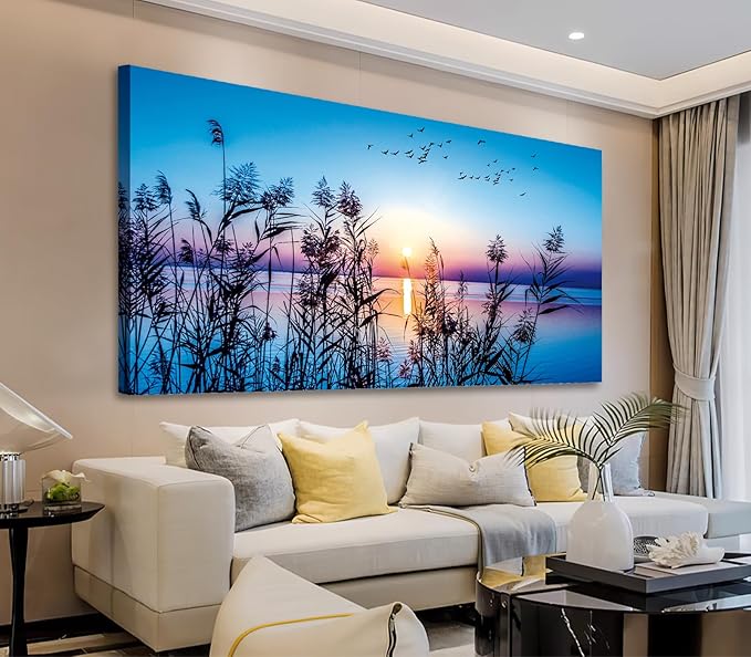 arteWOODS Sunset Lake Canvas Wall Art - Nature Pictures for Home Decor Reed Birds Sunlight Canvas Painting Blue Sky Lake Scene Print Artwork for Living Room Bedroom Office Wall Decoration 20" x 40"