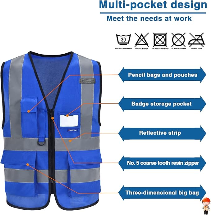 A-SAFETY Big and tall Blue high vis Reflective Work Ves 7 Pockets,4XL-5XL