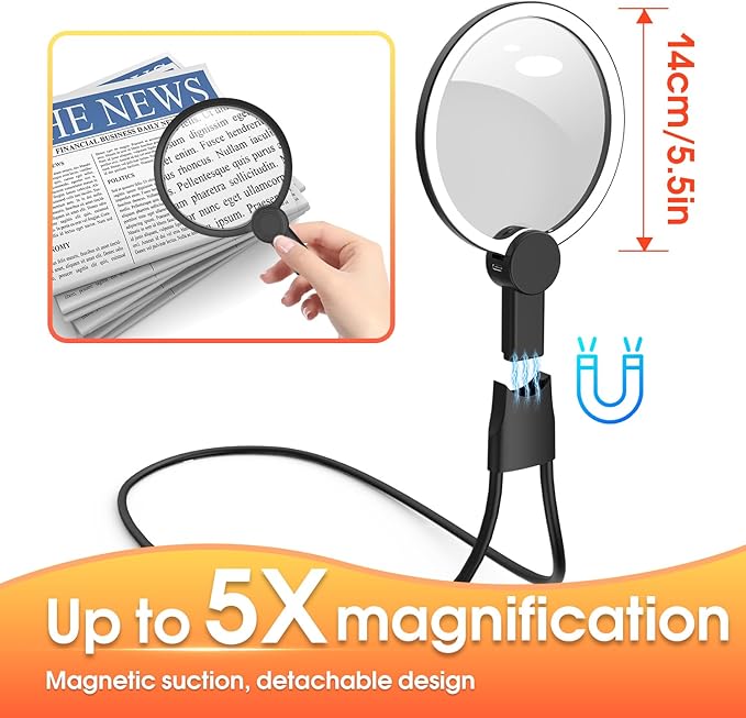 IMICHI Large Magnifier with Light-Hands Free- 5.1 Inch 6X Magnifying Glass Suit for Large Hands/Pursuing a Wide View, Neck-Worn Magnifier for Seniors, Gifts Perfect for Reading, Sewing
