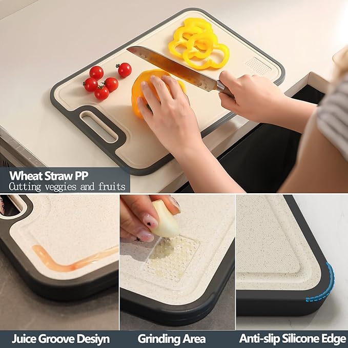 Stainless Steel Cutting Boards for Kitchen,Non Toxic Cutting Board Double sided, 2-in-1 Wheat Straw PP Kitchen Chopping Board for Meat and Fruit. Non-Slip,Easy to Clean,Dishwasher Safe (16x11 In)
