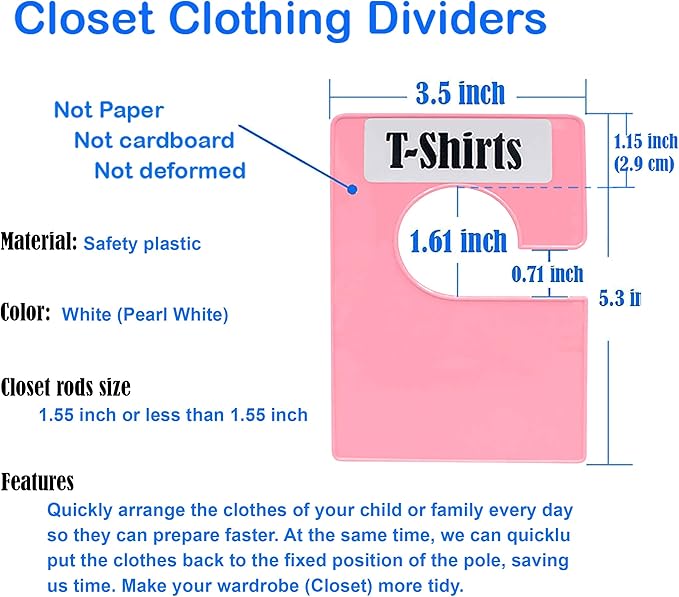16 Pack White Clothing Rack Size Dividers Plus 45 Labels (1 Inch) and 18 Large Blank Labels, Large Rectangular Clothing Closet Dividers (Pink)