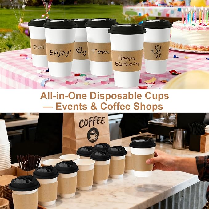 16 oz 500 Pack Coffee Cups with Lids and Sleeves, Straws, Hot Disposable To Go Travel Paper Cups Bulk for Office, Home Coffee Bar Accessories, Chocolate, Cocoa, Beverage (Black)