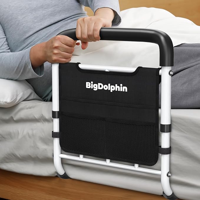 Bed Rails for Elderly Adults Safety - ASTM Approved Adjustable Bed Cane with Non-Slip Ergonomic Handle & Storage Pocket, Bed Railings for Seniors Support 400 LBS, Tool-Free