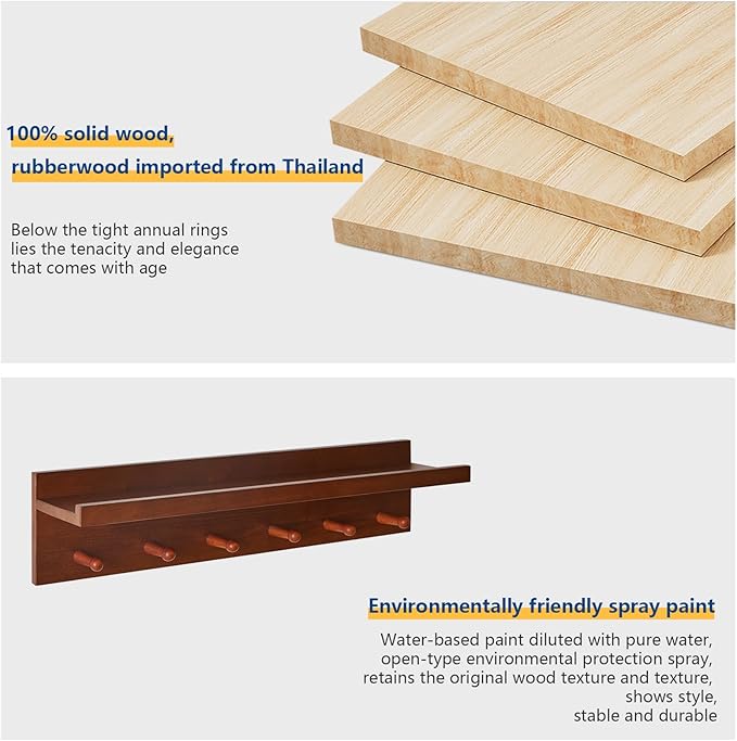 Coat Hook Wall Mount with Shelf, 23.62in Wood Wall Hooks with Storage, for Entryway, Bathroom, Kitchen, Walnut Color YD-WS0260H