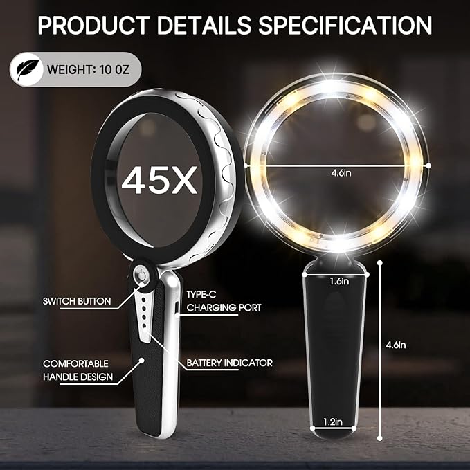 45X Magnifying Glass with Light, 1200mAh USB Rechargeable, 6 Lighted Modes, Large Handheld Magnifier for Low Vision Seniors with Macular Degeneration, Reading, Jewelry, Coins - Black