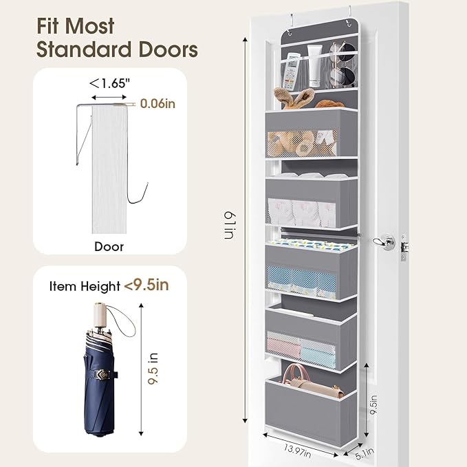 6-Tier Over The Door Organizer, Hanging Storage Organizer with Clear Window, 40lb Ultra Sturdy Large Capacity Room Organizer for Pantry Bathroom Nursery Closet Baby Essential (Grey)