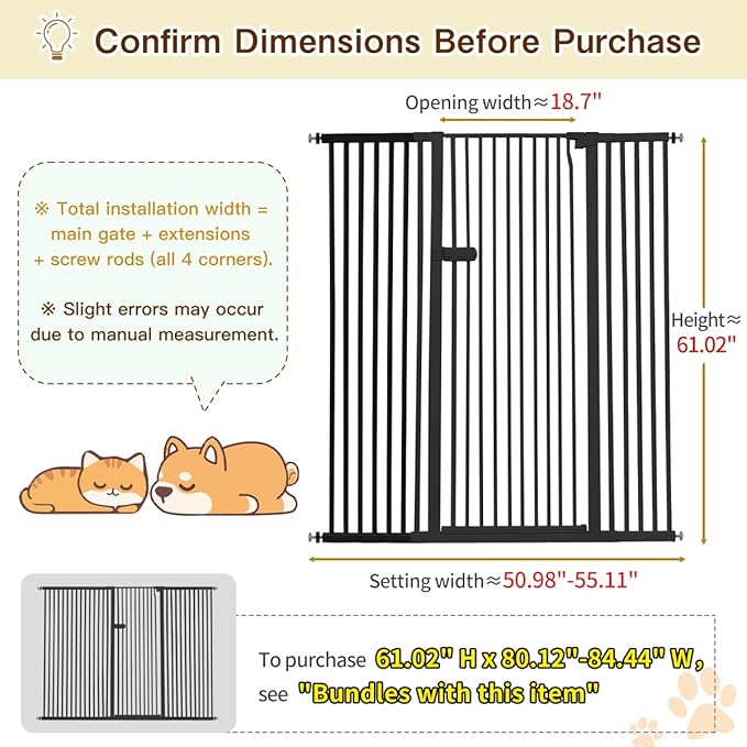 Lumizone Extra Tall Cat Gate 61.02" High Pressure Mounted Extra Wide 2025 New (17 Sizes) 1.37" Gap No Drilling Auto-Close One-Handed Operation Tall Pet Gate for Dogs(Black, 61.02" H x 50.98"-55.11" W)