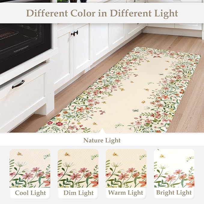 KIMODE Anti Fatigue Kitchen Mats for Floor 2 Piece, Cushioned Floral Kitchen Rugs, Memory Foam Kitchen Floor Mats, Summer Standing Desk Mats for Laundry Office Sink Beige 17"x47"+17"x29"