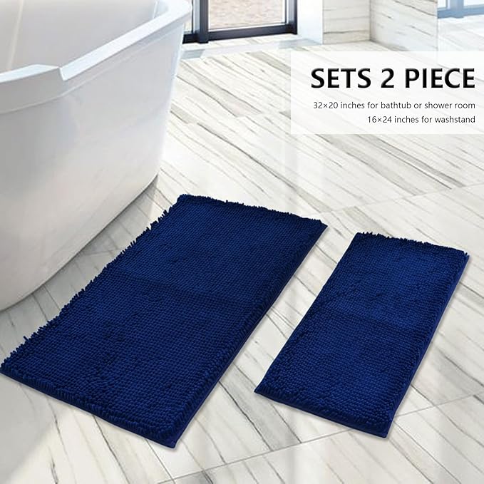 BOANKODU Bathroom Rugs Sets 2 Piece, Extra Soft Chenille Bath Mat Absorbent Bathroom Rug, Bathroom Mat with PVC Non-Slip Bottom, Machine Washable Bath Rugs (32x20 Inch + 24x16 Inch, Navy Blue)