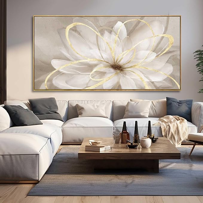 SOUGUAN Room Decor Large Canvas Wall Art Living Room Decor Gold Wall Decor Line Picture Artwork White Floral Wall Decor Modern Painting for Bathroom Bedroom Office 30x60 Inches
