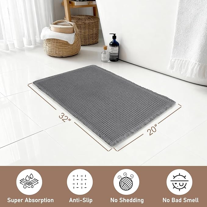 Hiasan Waffle Bath Mat, Super Absorbent Non Slip Bathroom Boho Rug with Tassels, Machine Washable Bath Mats for Bathroom, Ultra Soft Rubber Backed Rug, Dark Grey, 20 x 32 Inches
