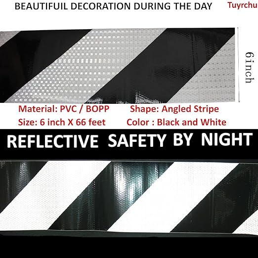 Black White Reflective Tape Outdoor Waterproof 6 inch X 66 feet, High Visibility Hazard Conspicuity Safety Industrial Marking Tape
