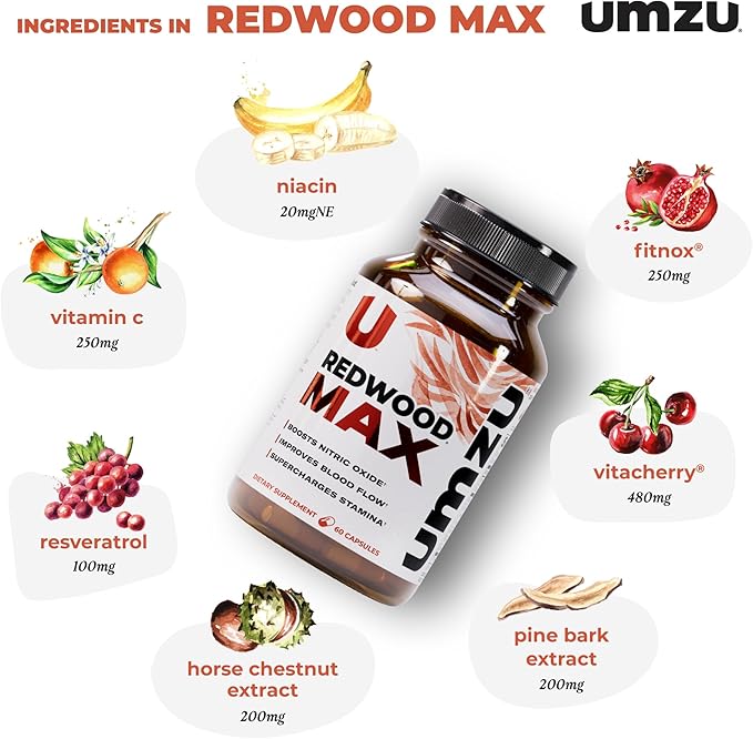 UMZU Redwood Max Nitric Oxide Booster, 1-Month Supply – Advanced Nitric Oxide Supplement with Fitnox Blend, Pine Bark, Resveratrol & Tart Cherry – Promotes Healthy Circulation, Energy and Recovery