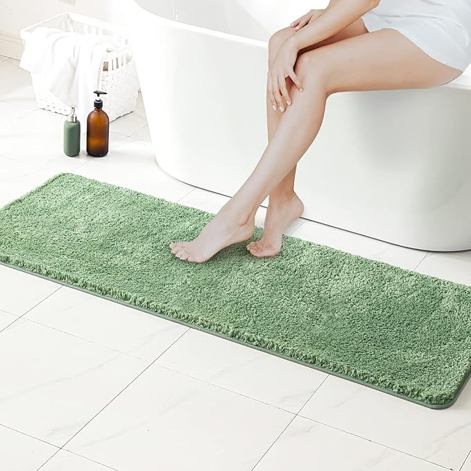 MIULEE Extra Thick Non Slip Bathroom Rug Shaggy Soft Bath Mat Plush Microfiber Absorbent Water for Shower Tub Machine Washable (Sage Green, 16x48 Inches)