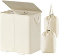 Lifewit Double Laundry Hamper with Lid and Removable Laundry Bags, Large Collapsible 2 Dividers Dirty Clothes Basket with Handles for Bedroom, Laundry Room, Closet, Bathroom, College, 136L Ivory White
