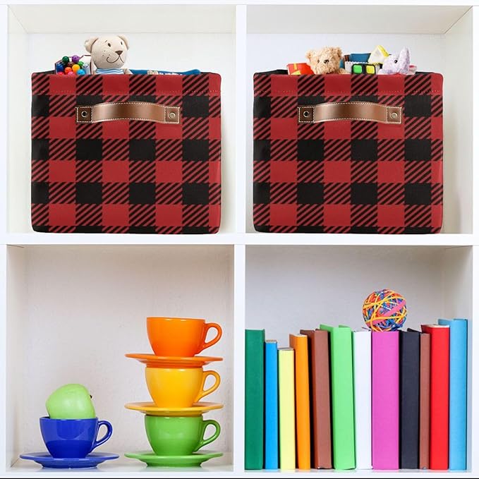 Red and Black Buffalo Plaid Storage Basket Cube Storage Bins Organizer Bag Collapsible Closet Shelf Baskets with handle for Cloth Book 14.2×10.2×8.3 IN