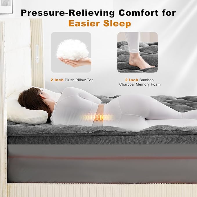 Dual Layer 4 Inch Bamboo Memory Foam Mattress Topper Queen Size, 2 Inch Thick Soft Quilted Pillow Top Cover Plus 2 Inch Charcoal Gel Memory Foam Mattress Pad for Back Pain Relief