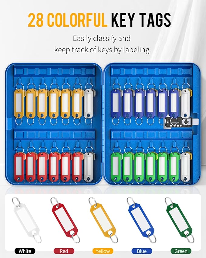 Uniclife 28 Keys Steel Key Cabinet with Resettable Code Blue Wall Mounted Key Organizer with Combination Lock Digital Security Box with Hooks and Large Key Tag Labels Identifiers in 5 Assorted Colors