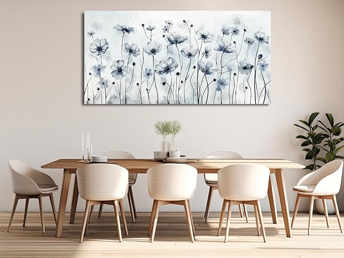 VEAEE Framed Flowers Canvas Wall Art - Indigo Floral Canvas Pictures, Living Room Wall Decor, Botanical Canvas Prints Painting Abstract Artwork Bedroom Office Home Decor 29"x58"