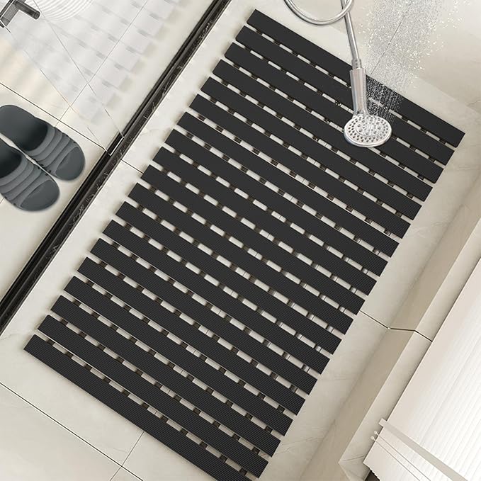 Extra Large Shower Mat Non Slip (35.4"*23.6"),Heavy Bathtub Mat for Elderly with Drain Holes,No Suction Cups Large Shower Floor Mats for Inside Shower,Black