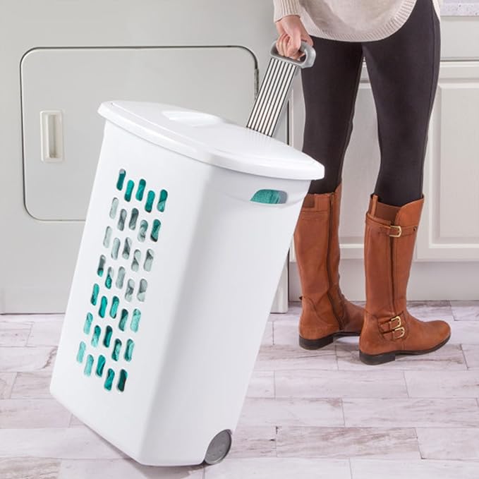 Sterilite 18-Pack Ultra Wheeled Hamper, Laundry Basket w/Flip-Top Lid & Retractable Handle - Plastic Rolling Clothes Storage Cart with Ventilated Holes for Home, Apartment or Dorm