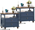 Farmhouse Nightstand Set of 2 with Charging Station, 24" Wide End Table with 2 Drawers,Wood Dresser for Bedroom,Bed Side Table Chest of Drawers Cabinet,Navy BlueNight Stand for Living Room