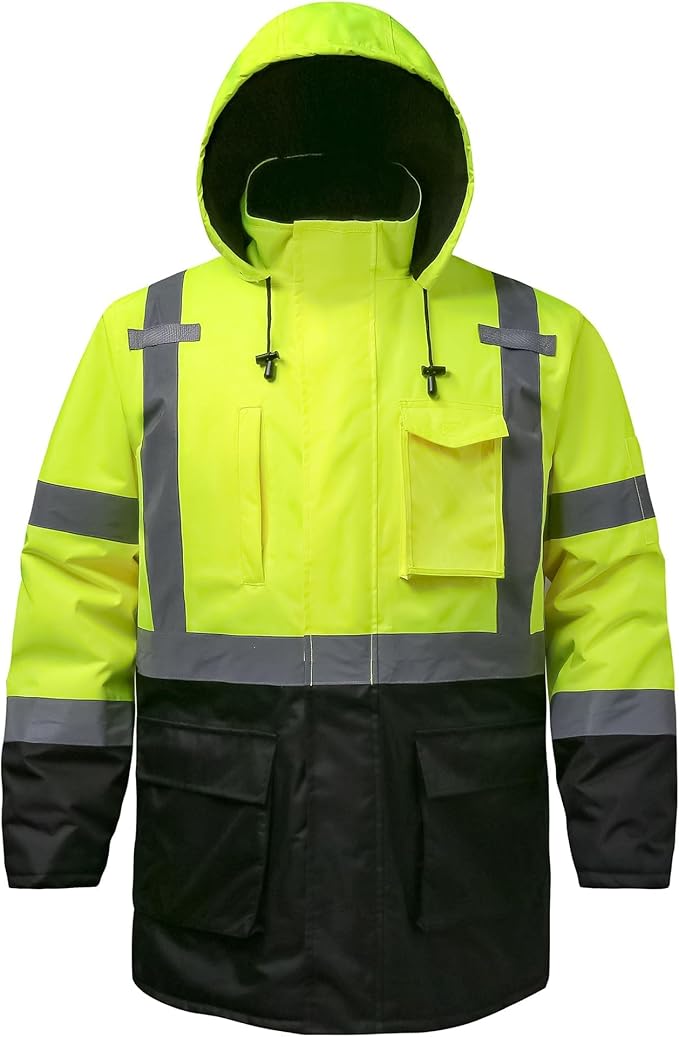 Reflective Jacket, High Visibility Parka, Waterproof Hi Vis, Safety Jacket with Removable Hood and Zipper, ANSI Class 3 (Lime,2XL)