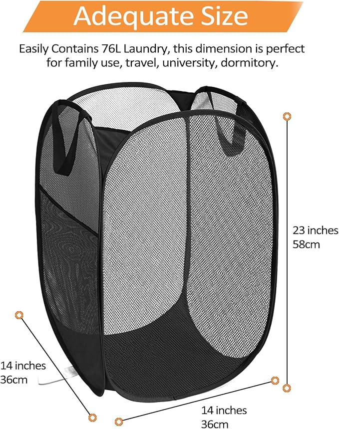 2 Pcs Durable Collapsible Laundry Baskets - Reinforced Mesh Pop Up Laundry Hamper with Pocket, Foldable Dirty Clothes Hamper with Carry Handles for Laundry, Bathroom, Kids Room, Dorm or Travel Black