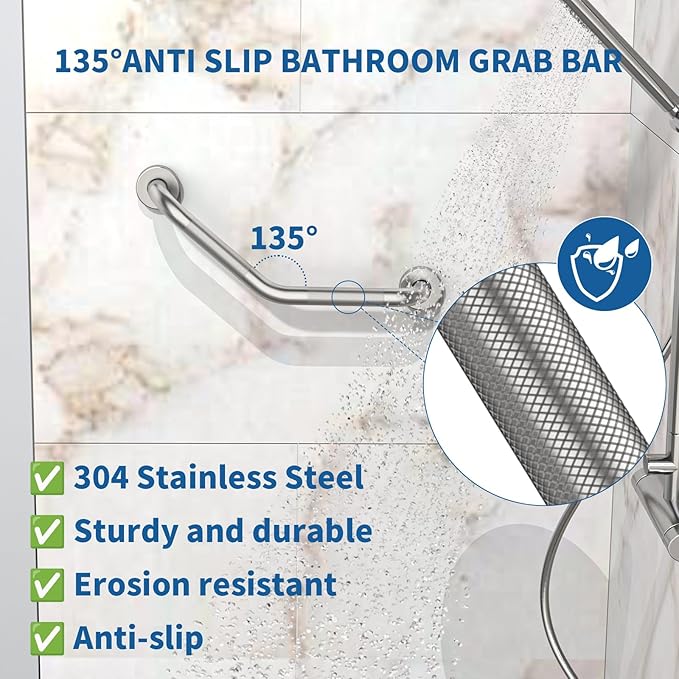 16 Inch Angled Shower Grab Bar, Munzong Anti Slip Satin Brushed Nickel Bathroom Grab Bar, Knurled Bathroom Balance Bar,Safety Hand Rail Support Handicap Elderly Injury Senior Assist Bath Handle