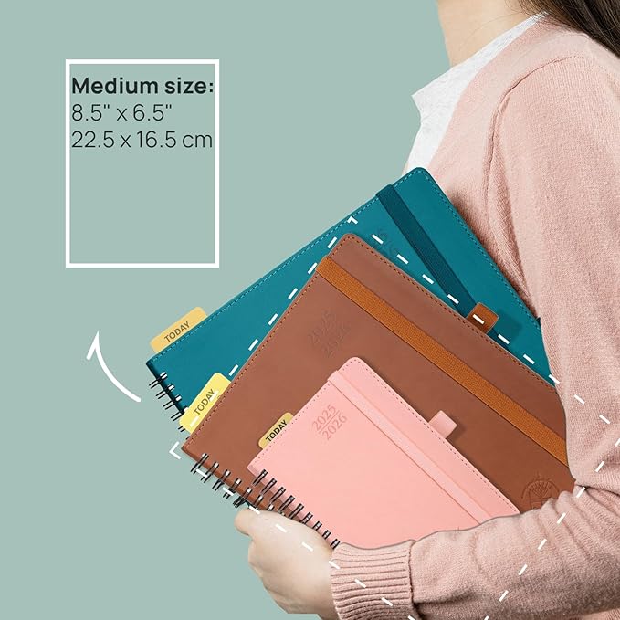 POPRUN Planner 2025-2026 (Medium - 6.5'' x 8.5'') Academic Weekly Calendar (July 2025 - June 2026) with Hourly Time Slots, Monthly Tabs, 100GSM Thick Papers, Spiral Leather Cover - Blue Green