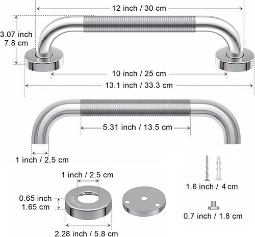 12 Inch Anti-Slip Shower Grab Bar, iMomwee Chrome Stainless Steel Bathroom Grab Bar Handle with Textured Grip, Shower Balance Bar, Safety Hand Rail Support, Handicap Elderly Senior Assist Bath Handle