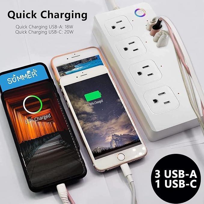 Smart Power Strip Surge Protector,Smart Fast Charge, 4 Individually Controlled Outlets, Compatible with Alexa Google Home Phiilps HUE-WiFi Upgrade Version - White