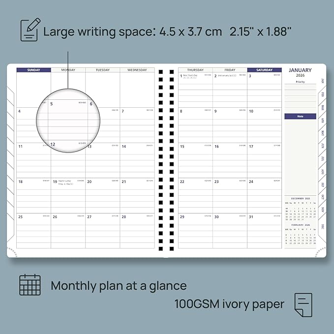 POPRUN 2026 Weekly Planner 30-Mintue (Medium 7'' x 8.5'') - From Jan 2026 to Dec 2026 - Two Pages Per Week Appointment Book with Monthly Tabs, Softcover, Inner Pocket, Pen Holder - Black