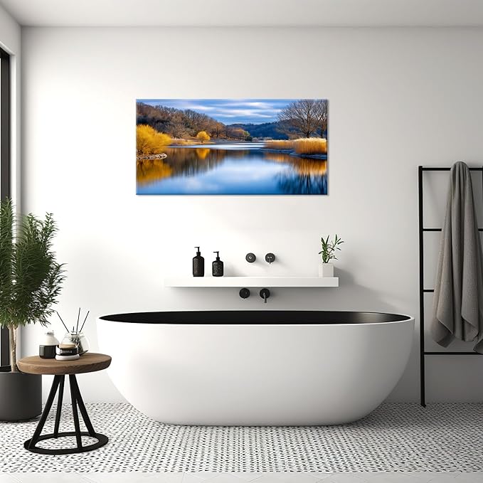 Beautiful Yellow Forest Park Wall Art for Living Room Office Calm Lake Blue Painting Prints Nature Autumn Canvas Artwork Over The Couch Bedroom Decor